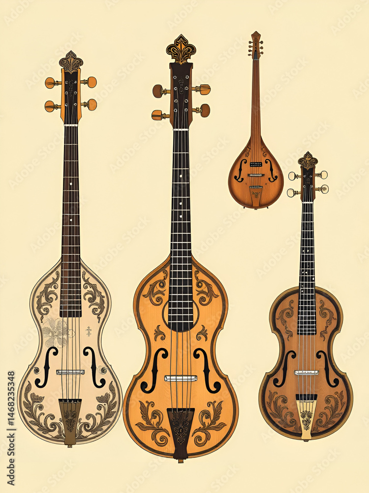 Obraz premium Detailed illustrations of string instruments showcasing intricate designs and craftsmanship in traditional art style