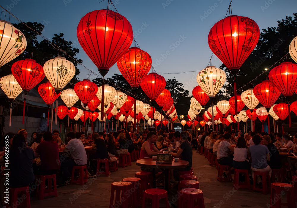 Naklejka premium Night Market Festivities: Illuminated Lanterns and Festive Atmosphere in a Vibrant Asian Street Food Scene