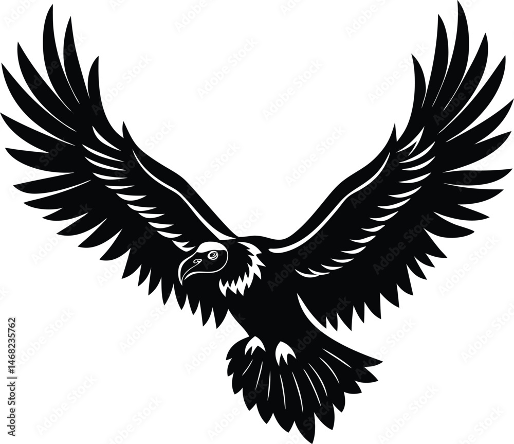 Obraz premium Majestic Eagle Silhouette: A strong eagle flies high with powerful wingspan, showcasing an elegant design and conveying freedom, power, and the boundless nature of the sky.