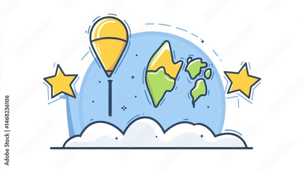 Naklejka premium Global Adventure Concept with Air Balloon World Map and Stars Dreamlike Journey and Exploration Representation in Charming Doodle Style