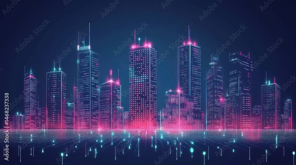 Fototapeta premium Digital cityscape with glowing skyscrapers