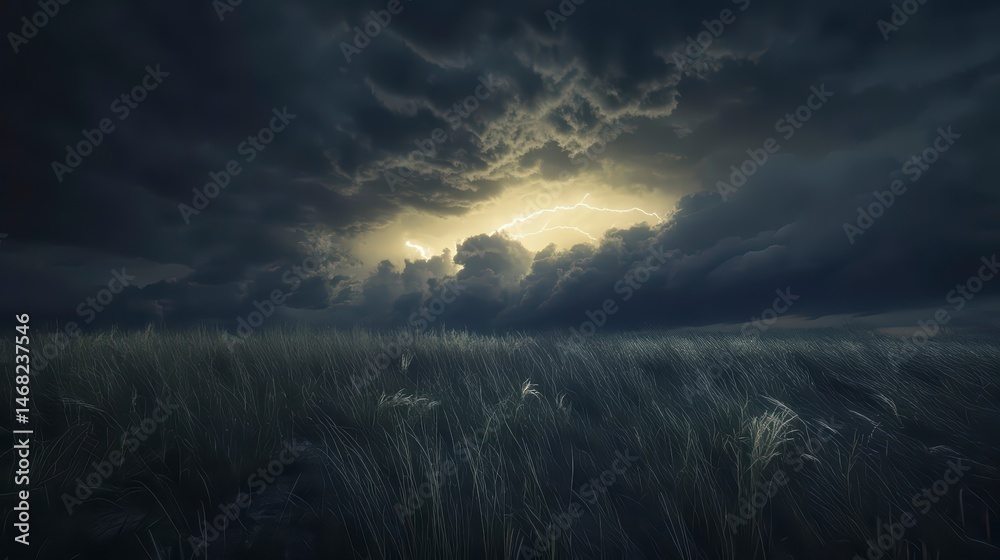 Fototapeta premium Stormy sky with a lightning bolt in the middle. The sky is dark and the lightning bolt is bright