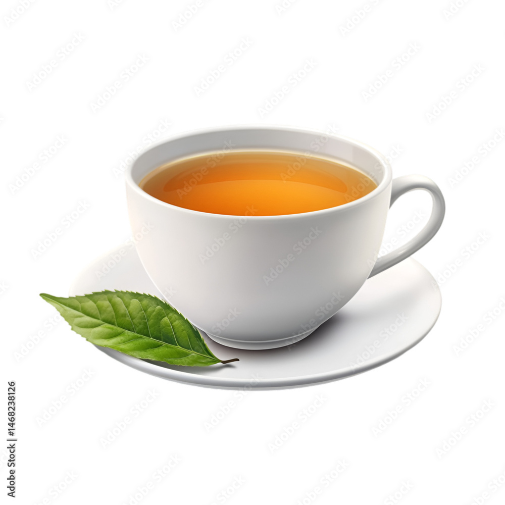 A cup of tea on a saucer with a tea leaf beside it