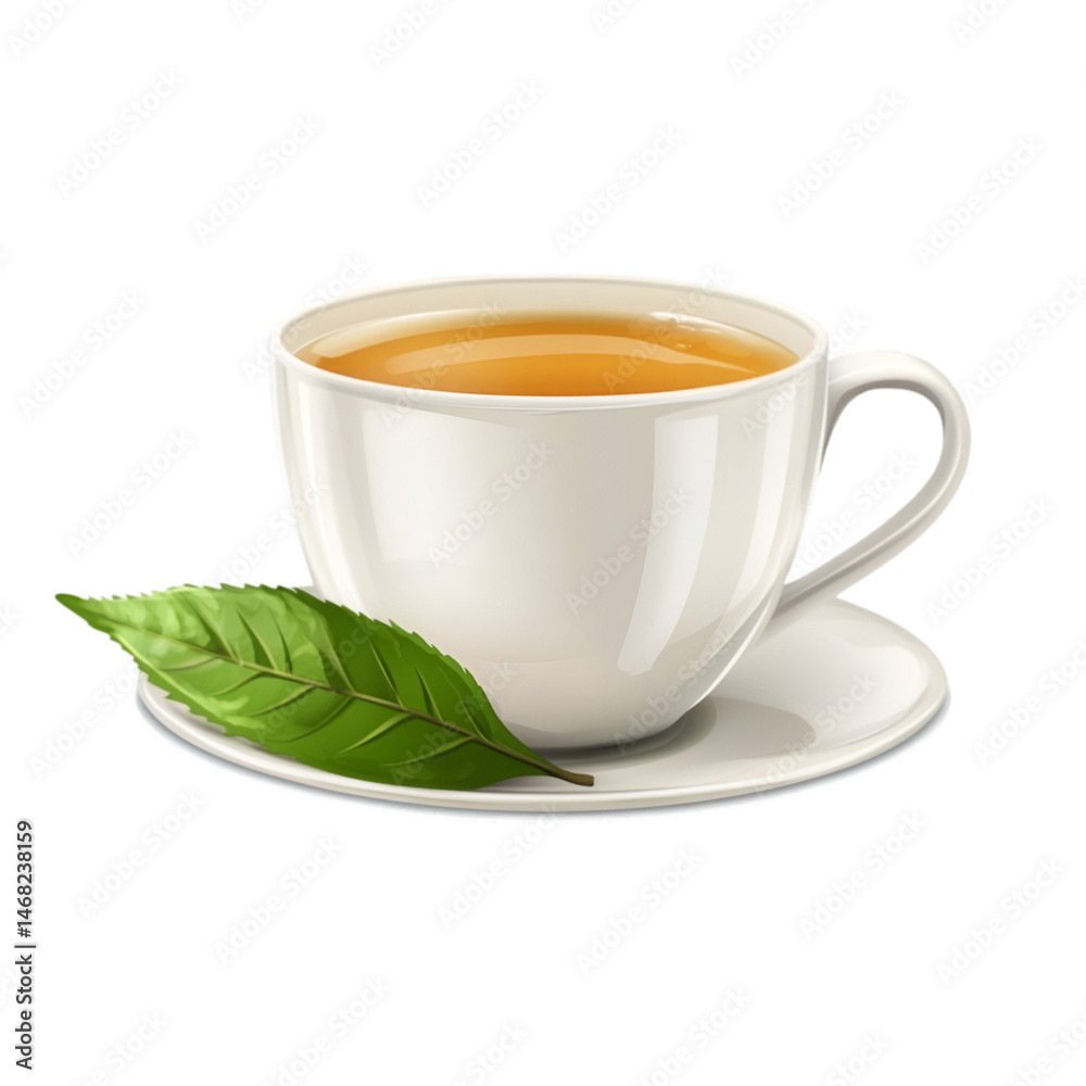 A cup of tea with a tea leaf on a saucer A cup of tea with a tea leaf on a saucer