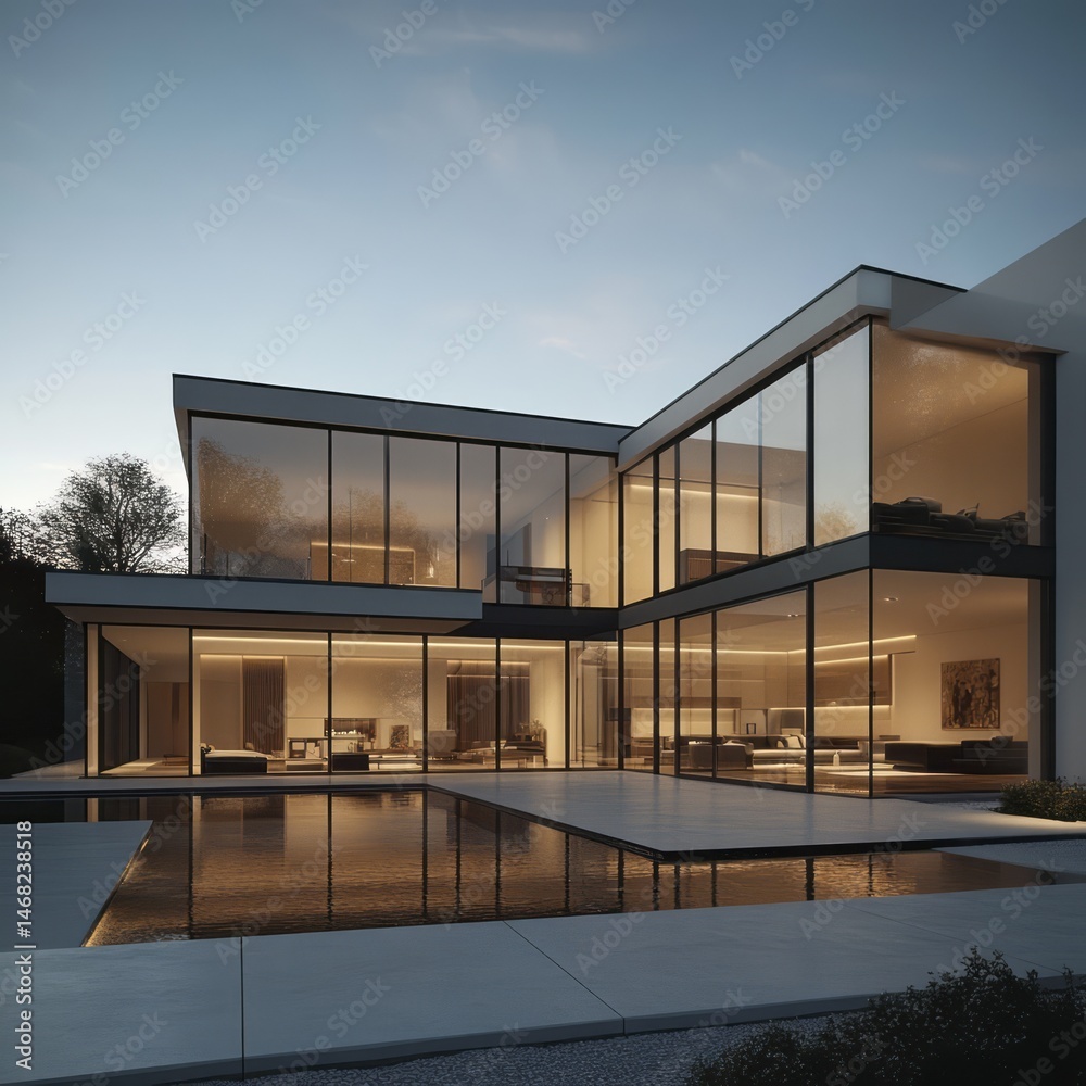 Fototapeta premium Modern house design with glass facade and pool.