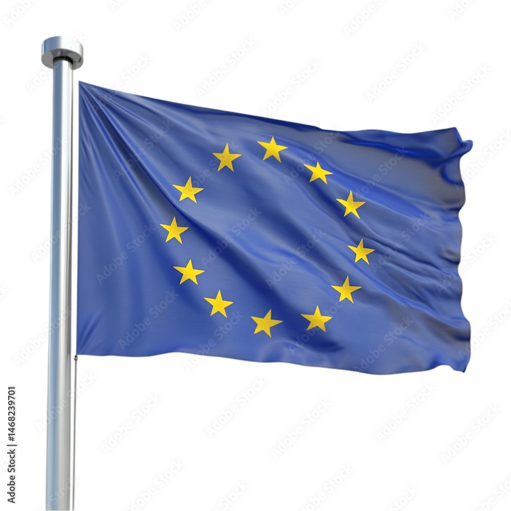 European Union flag waving proudly on a flagpole, European Union flag waving proudly on a flagpole,