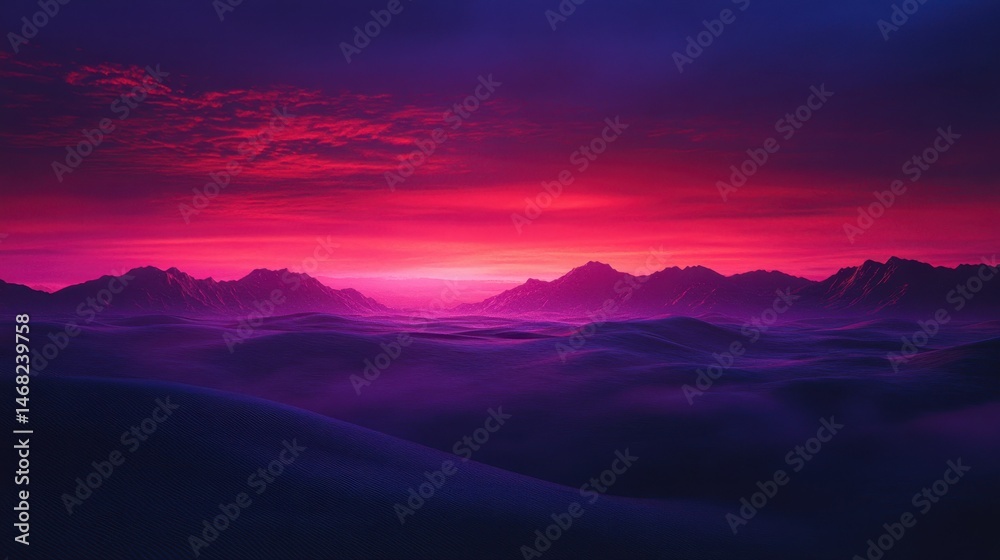 Fototapeta premium Majestic sunset over purple desert dunes with mountains in background
