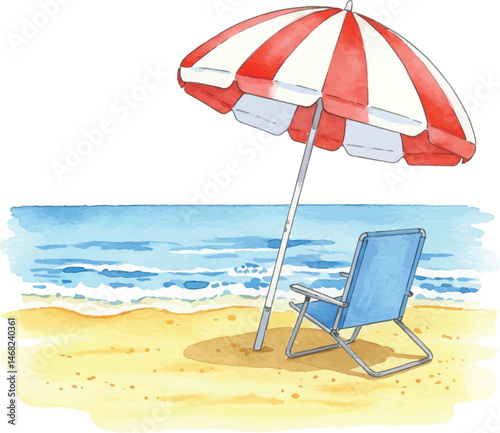 Watercolor Illustration of Beach Umbrella and Chair on Sand