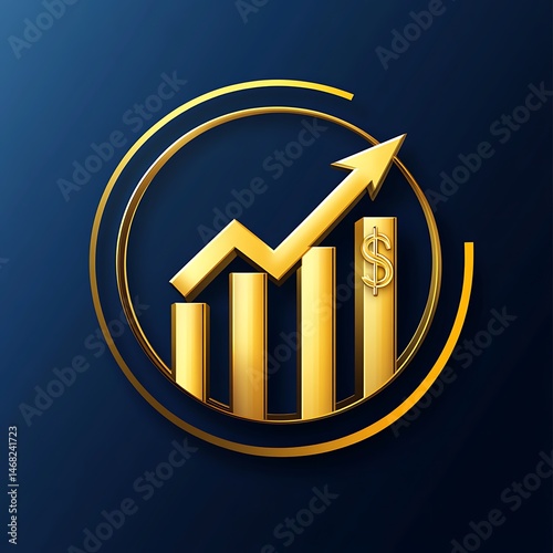 The vector logo showcases a golden arrow pointing upwards, with a bar graph in the background and a circle containing a money symbol, representing financial growth and success.