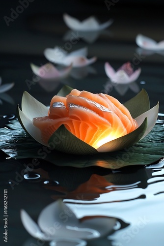 Sliced raw fish set a floating lotus leaf glowing with soft light from beneath suspended above a reflective water surface with floating petals