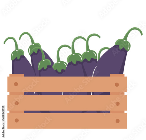 Flat Vector Illustration of Fresh eggplants in a Wooden Crate