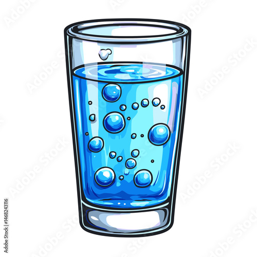 Simple flat cartoon icon of a glass of water with bubbles in a clear design