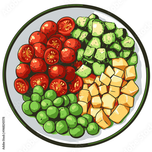 Colorful healthy meal plate icon featuring fresh vegetables and fruits arranged in a vibrant display for a nutritious diet
