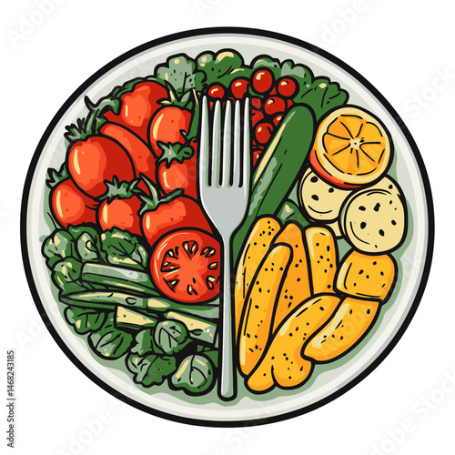 Healthy meal plate icon showcasing fresh vegetables and a variety of colorful ingredients for a balanced diet