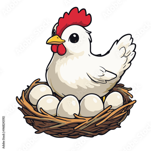Cute hen sitting on nest with eggs, perfect cartoon icon for farm-themed designs