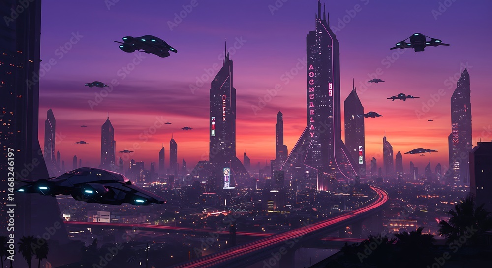 Naklejka premium Neon Sunset Over Futuristic Cityscape