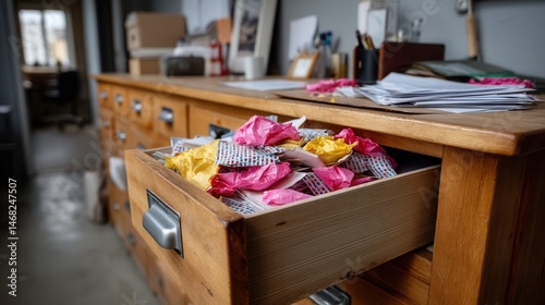 Disorganized office desk drawer filled with crumpled paper and clutter on wooden surface