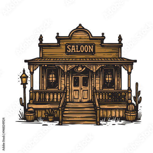 Wild West Saloon Vector Illustration – Vintage Cowboy Bar Scene with Retro Charm