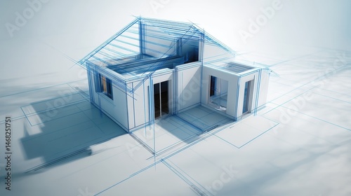 Modern house architectural blueprint and 3D rendering of contemporary residential design plan
