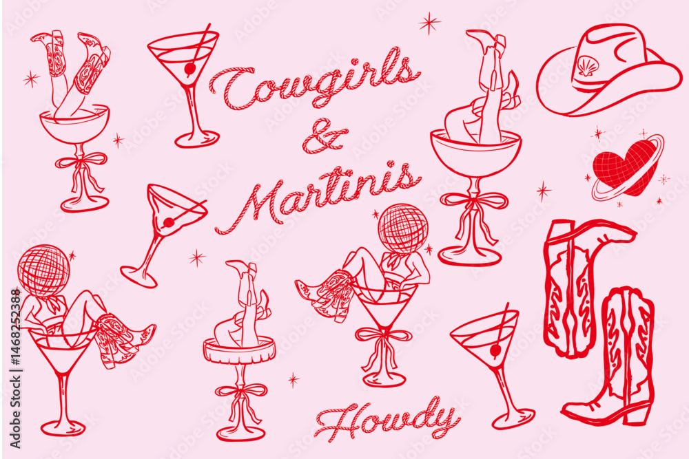Set of 12 hand drawn Cowgirl Martini illustrations, western party illustrations vector icons for T-shirts, invitations and web design