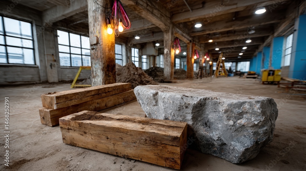 Fototapeta premium Interior of Under Renovation Construction Site with Wooden Beams and Exposed Infrastructure