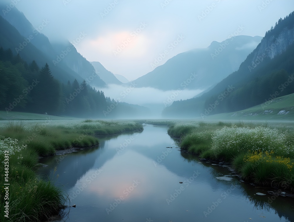 Fototapeta premium River Reflecting Sky in Mountain Valley with Flowers and Fog