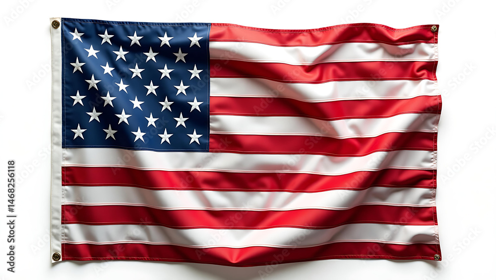 Fototapeta premium an American flag waving gently, isolated on a pure white background