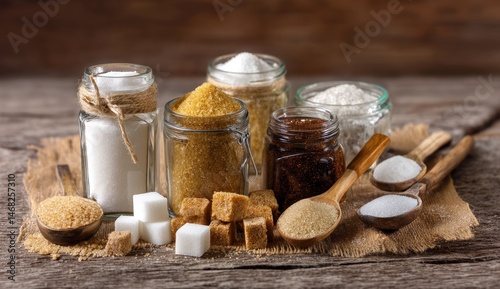 Assorted sugars in jars and scoops on rustic table.