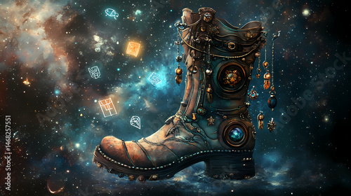 A mystic oracle boot with dangling charms and floating prophecy glyphs. [Whispering Archives] | Astral Lexicon | floating glyphs. Illustration