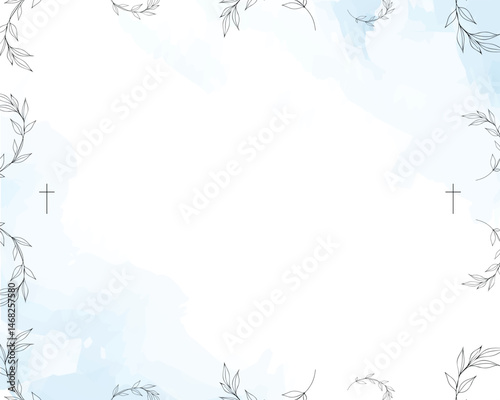 Funeral Empty card.  Sky blue background. Aquarelle background. Frame of leaves. Church cross. 