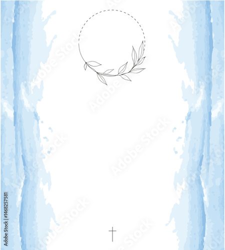 Funeral Empty card.  Sky blue frame. Aquarelle background. Church cross. Photo frame