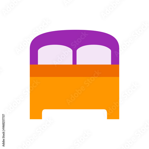 Illustration of a bed with a purple headboard and orange base featuring two white pillows side by side