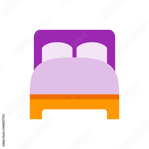 Illustration of a bed with purple headboard, light purple blanket, and orange bed frame design element