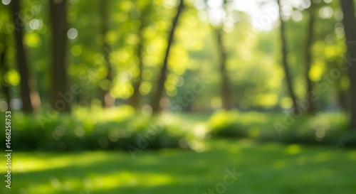 Blurred Green Park Landscape with Sunlight Filtering Through Trees