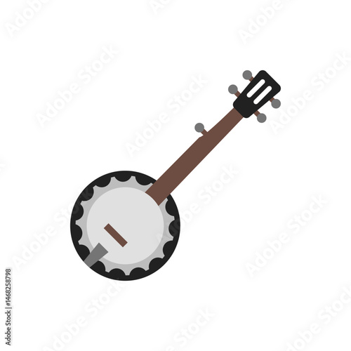 Illustration of a banjo with a brown neck, black headstock, and a white circular body with dark trim