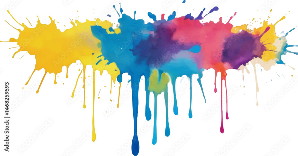 Fototapeta premium Dripping Colorful Watercolor Splash, Abstract Horizontal Ink Drip on White Background