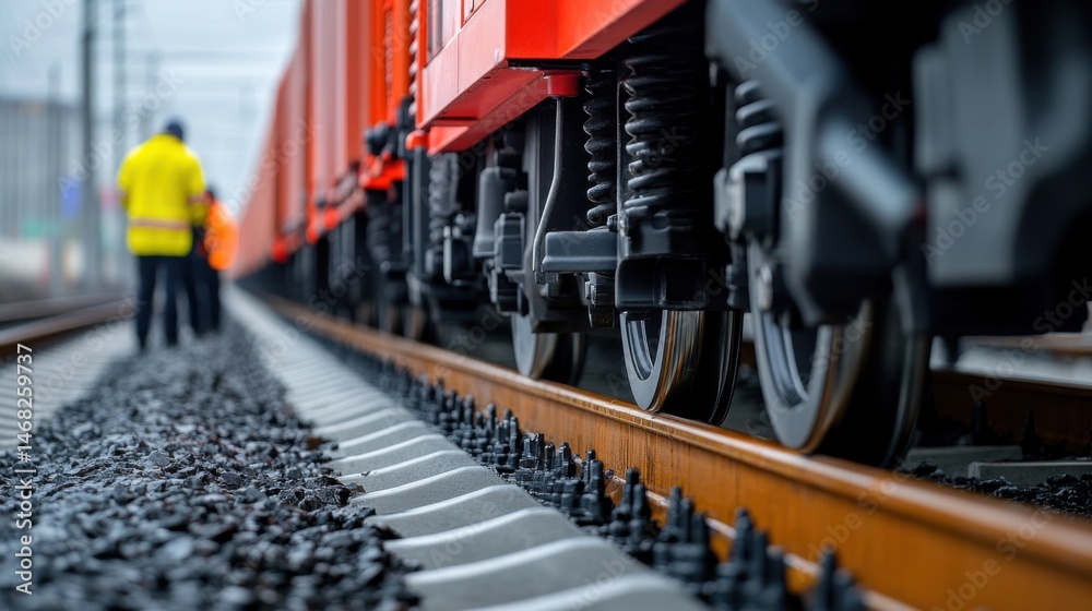 Fototapeta premium Close-Up View of Train Wheels on Tracks with Workers in Background