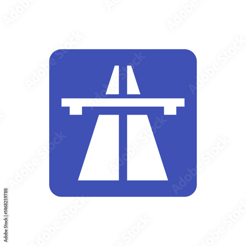 Illustration of a blue square sign with a white road and bridge symbol indicating a highway entrance