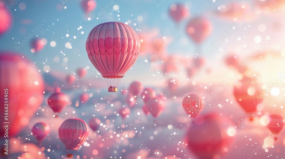 Obraz premium Romantic hot air balloons in a soft pastel sky filled with fluffy clouds and sparkling dust