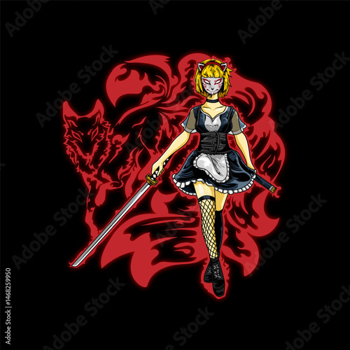 Kitsune girl with katana sword and  maid dress vector illustration.