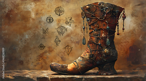 A mystic oracle boot with dangling charms and floating prophecy glyphs. [Whispering Archives] | Astral Lexicon | floating glyphs. Illustration