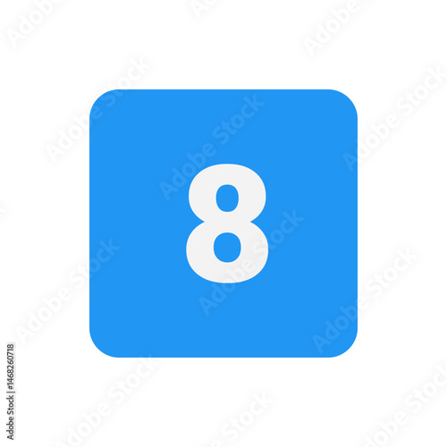 White number eight on a rounded corner blue square representing a digit or a numerical symbol icon design