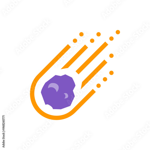 An icon of a purple asteroid with two craters surrounded by an orange trail and orange dots in space