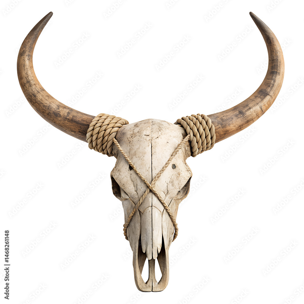 Fototapeta premium Rustic Skull Display: A weathered bovine skull, adorned with natural rope, stands as a powerful symbol of the Old West and enduring strength.
