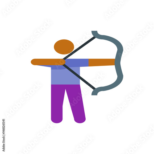 Illustration of a person with a circular head aiming a bow and arrow in a stylized flat design style