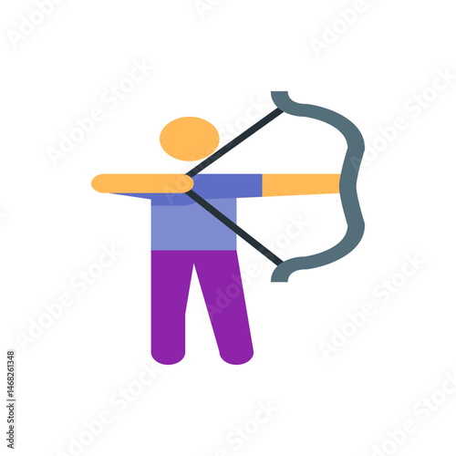 Illustration of a person with a round head holding a bow and arrow in a shooting stance with purple pants