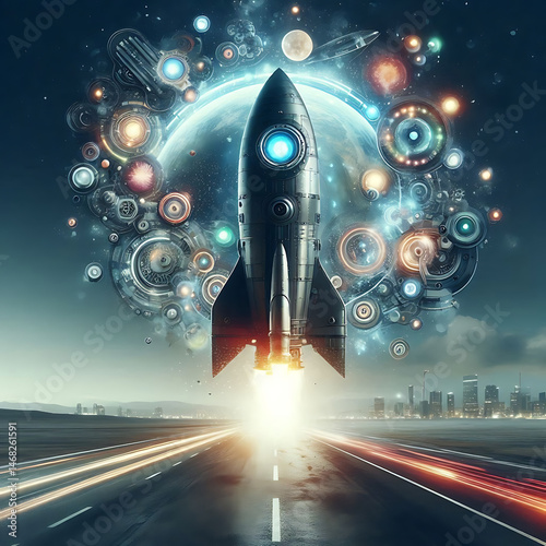 Rocket space ship . Mixed media