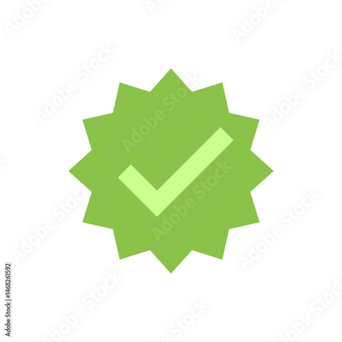 Green starburst shape with jagged edges containing a light green check mark indicating approval or success