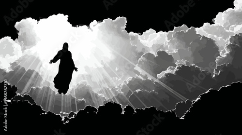 Jesus ascending to heaven silhouette, clouds and light beams, simple silhouette black vector,  -  