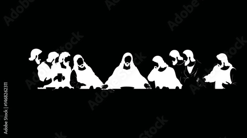 Jesus breaking bread (Last Supper silhouette), simple silhouette black vector,  -  